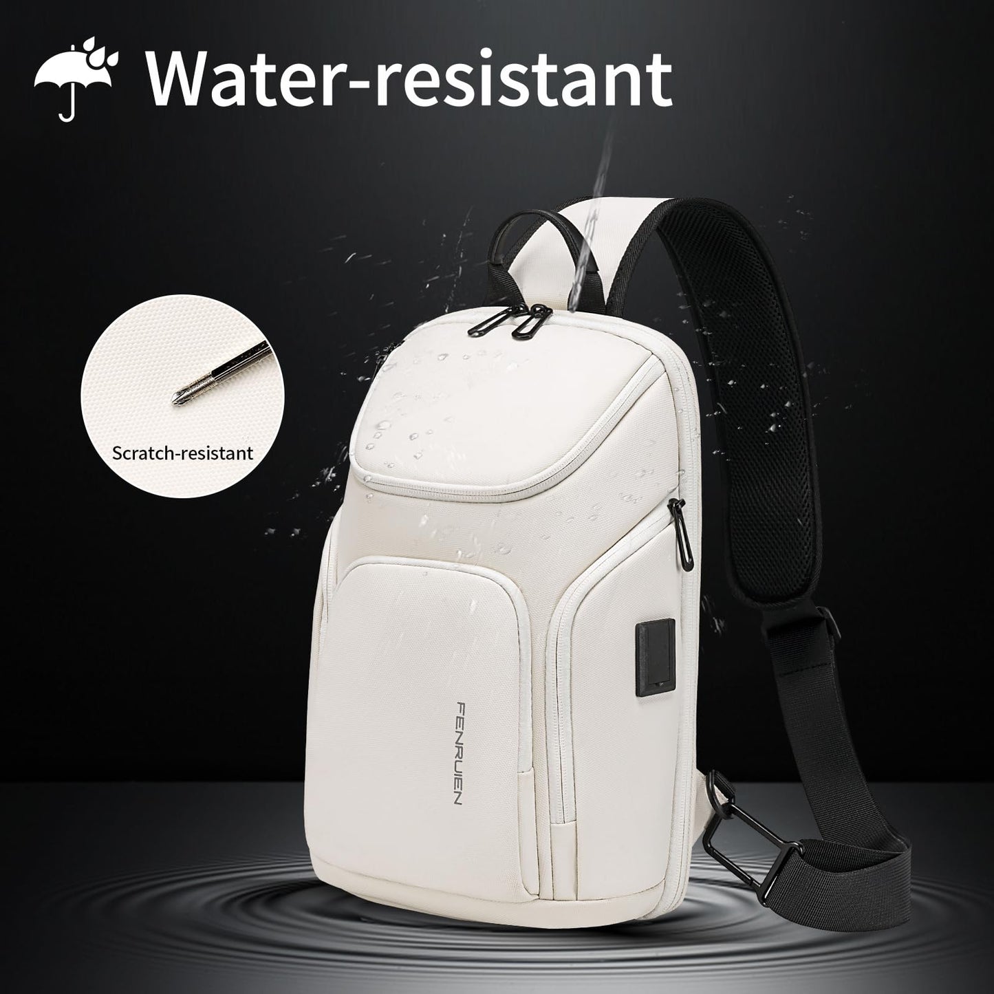 FENRUIEN Sling Bag for Women Men, Crossbody Sling Backpack with USB Charging Port, Daily Travel Hiking Sport Daypack Cross body Shoulder Chest Bag. (White)