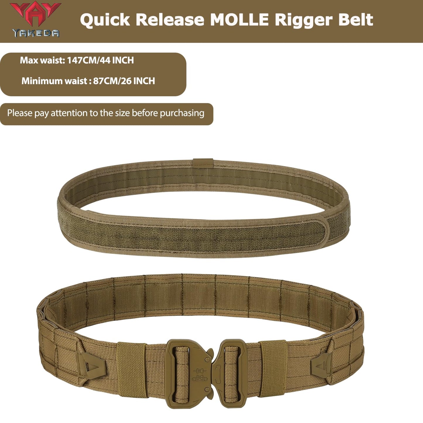 YAKEDA Tactical Molle Battle Belt -Airsoft Combat Belt Quick Release Rigger 1.75 Inch Inner & Oute EDC Belt Heavy Duty Belts for Men (CP)