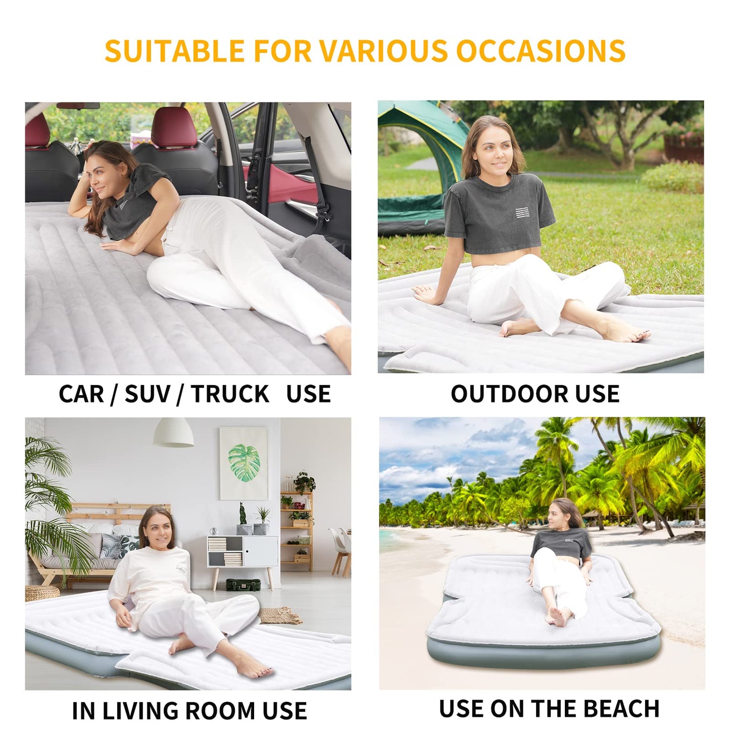 KMZ SUV Air Mattress with Built-in Electric Pump - Thickened and Flocked Car Bed Mattress for Travel and Camping - 660lb Weight Capacity - Grey