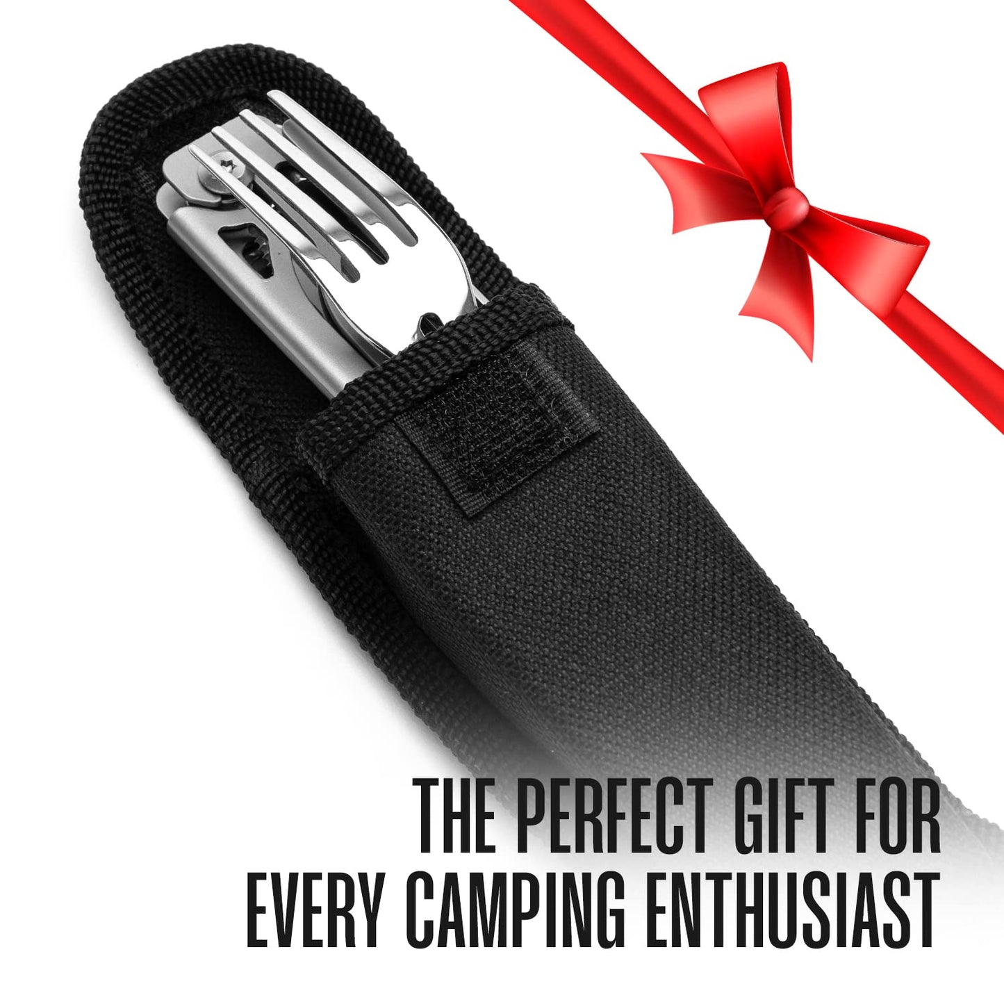 Camping Utensils - 4 In 1 Stainless Steel, Safety Locking Camping Accessories with Durable Sheath - Compact Multi Tool For Camping With Knive, Spoon, Fork, Bottle Opener by Hayvenhurst