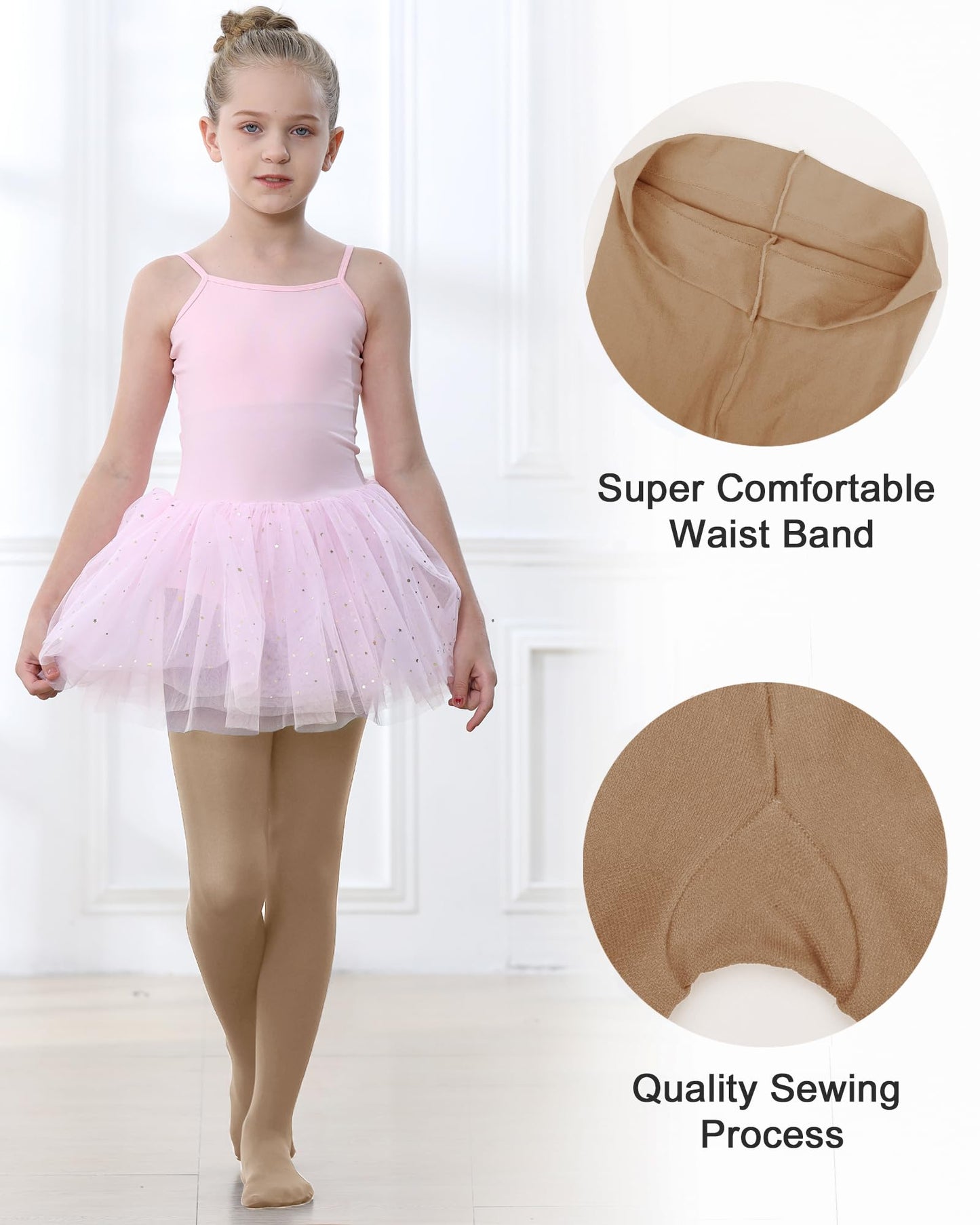 Stelle Girls Ballet Dance Tights Footed Toddler Kid,Tan,6-8 Years