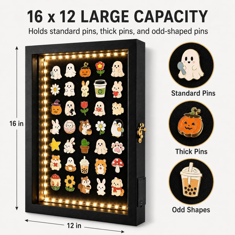 Light Up Pin Display Case - 12x16 Black Shadow Box Frame | Enamel Pin Holder for Wall or Tabletop