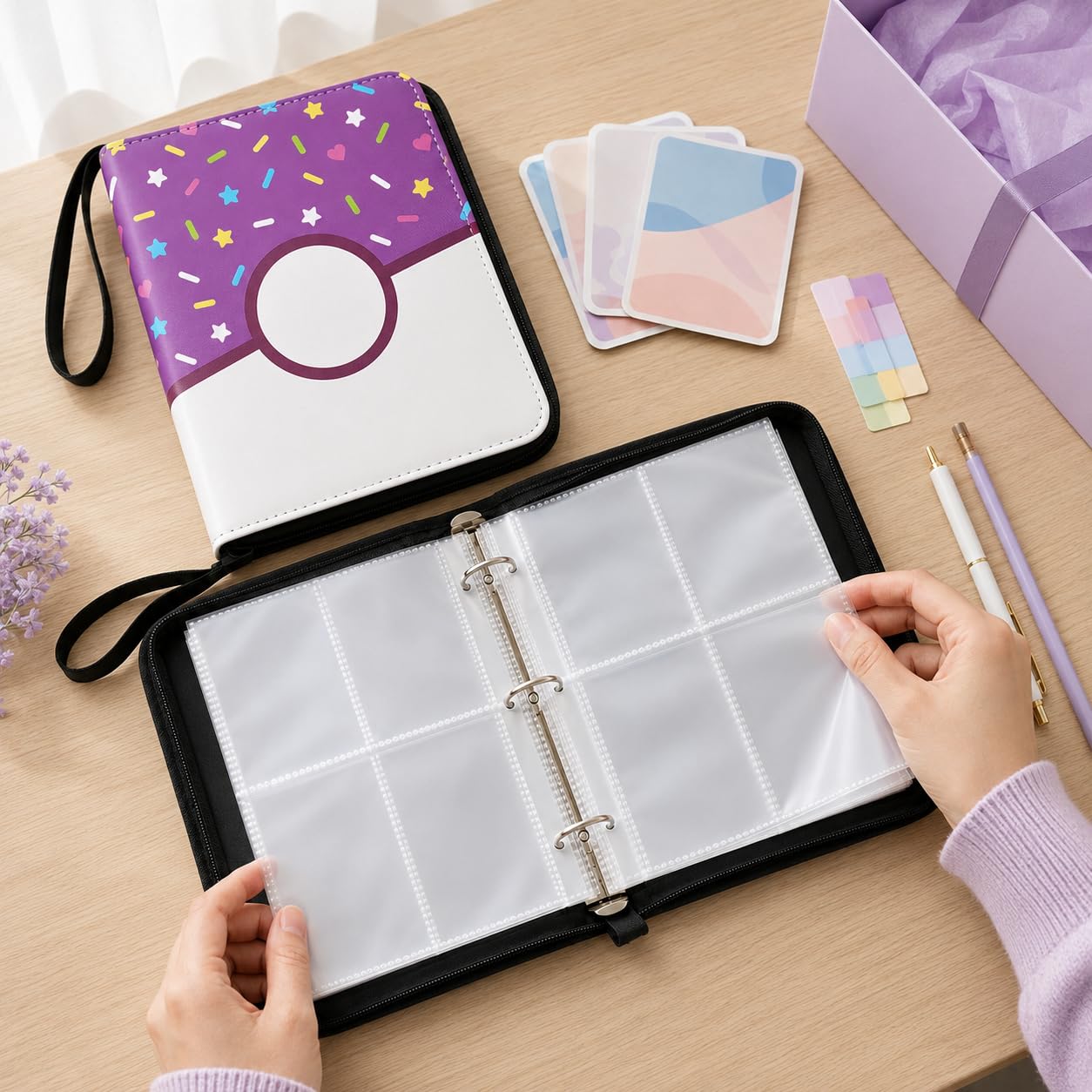 4 Pocket Card Binder 400 Card Holder Album, Purple Donut Trading Cards Holder Zipper Binder for Girl Teen Collection (Purple Donut, 400 Pocket)