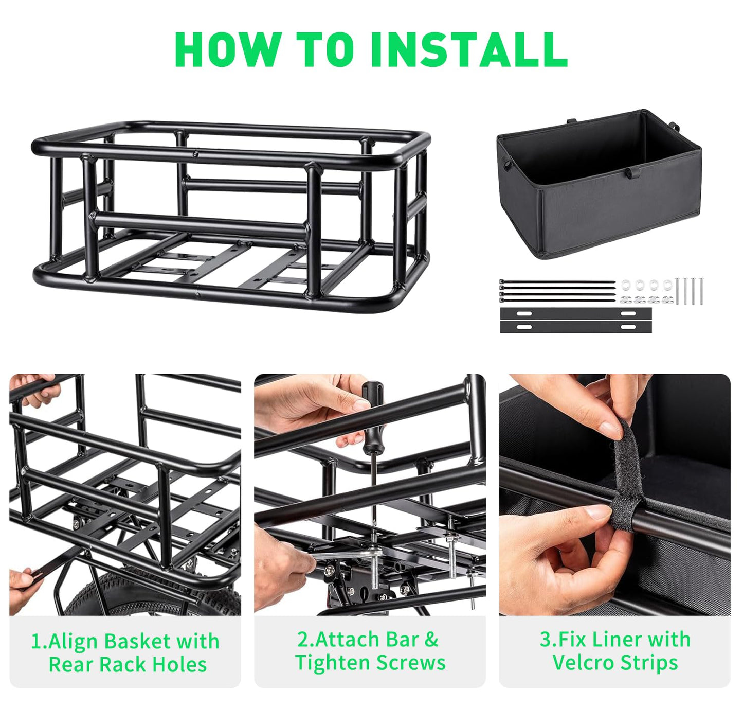 Lambolt Rear Rack Bike Basket for E-Bikes & Bikes - Heavy-Duty Bicycle Basket with Waterproof Liner, Cargo Net & Rain Cover - Great for Groceries, Dogs, Pets & Daily Commutes