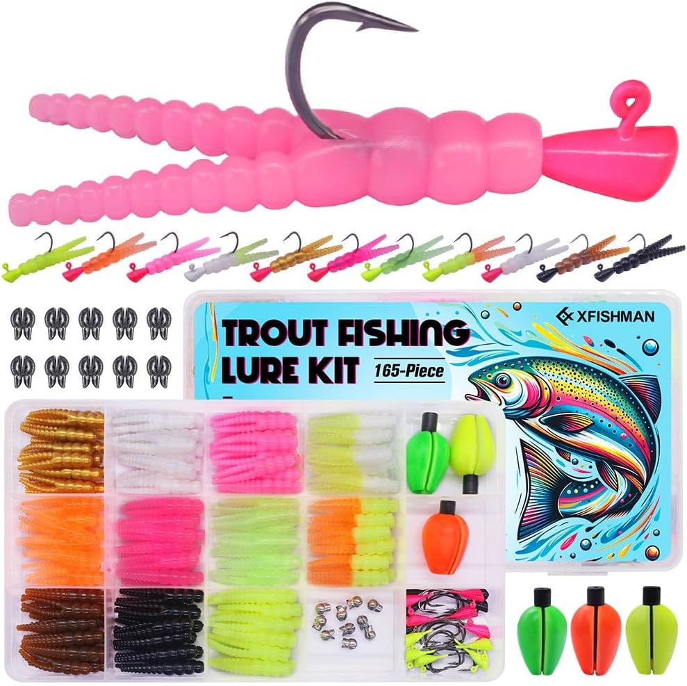 Trout Fishing Lure Kit - 165-Piece Set with Split Tail Grub Worms, Shad Dart Jig Heads & Floats | Ideal for Creek & River Fishing