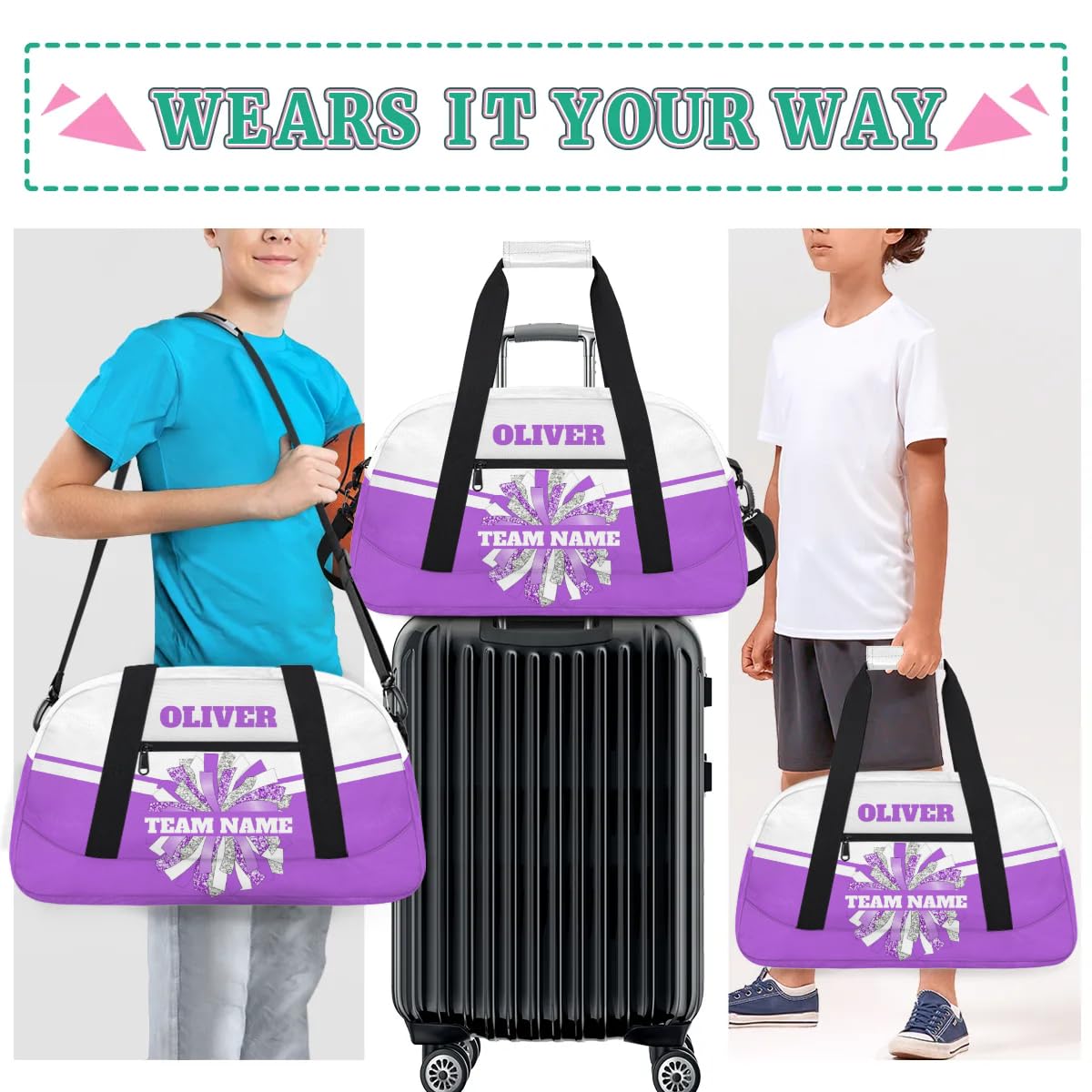 Personalized Cheerleader Bag Dance Bag for Girl, Custom Team Bag Gym Bag Sport Duffel Bag, Weekender Bags Travel Bag for Cheer Team Purple Sliver Glam