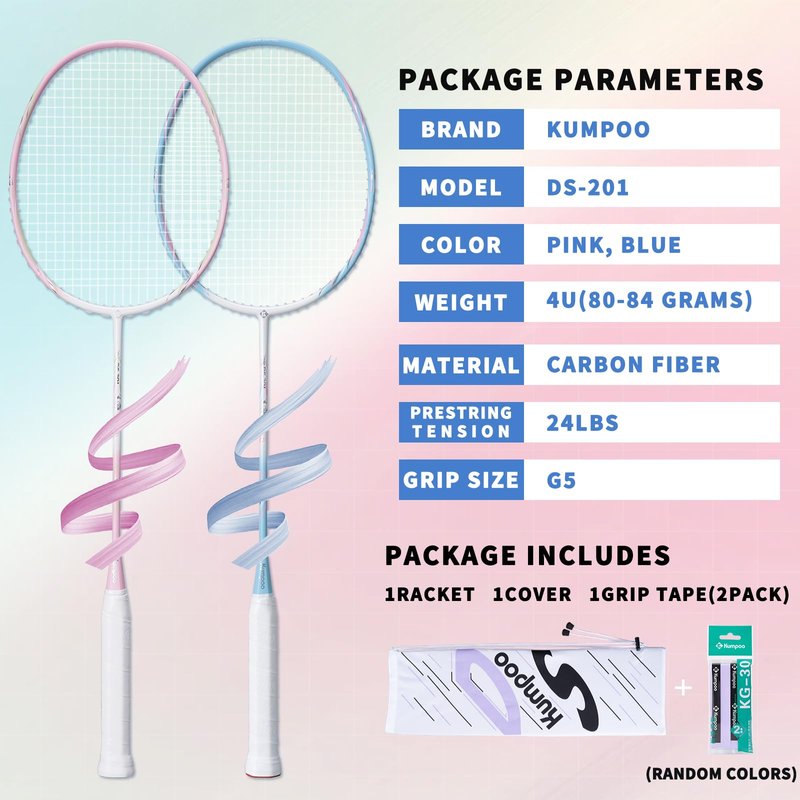 KUMPOO Carbon Fiber Badminton Racket 4U, Professional Badminton Blue Racket Set with Overgrips and Cover, Pro Badminton Racquet Lightweight for Beginners Adults Outdoor Games, DS-201 Blue