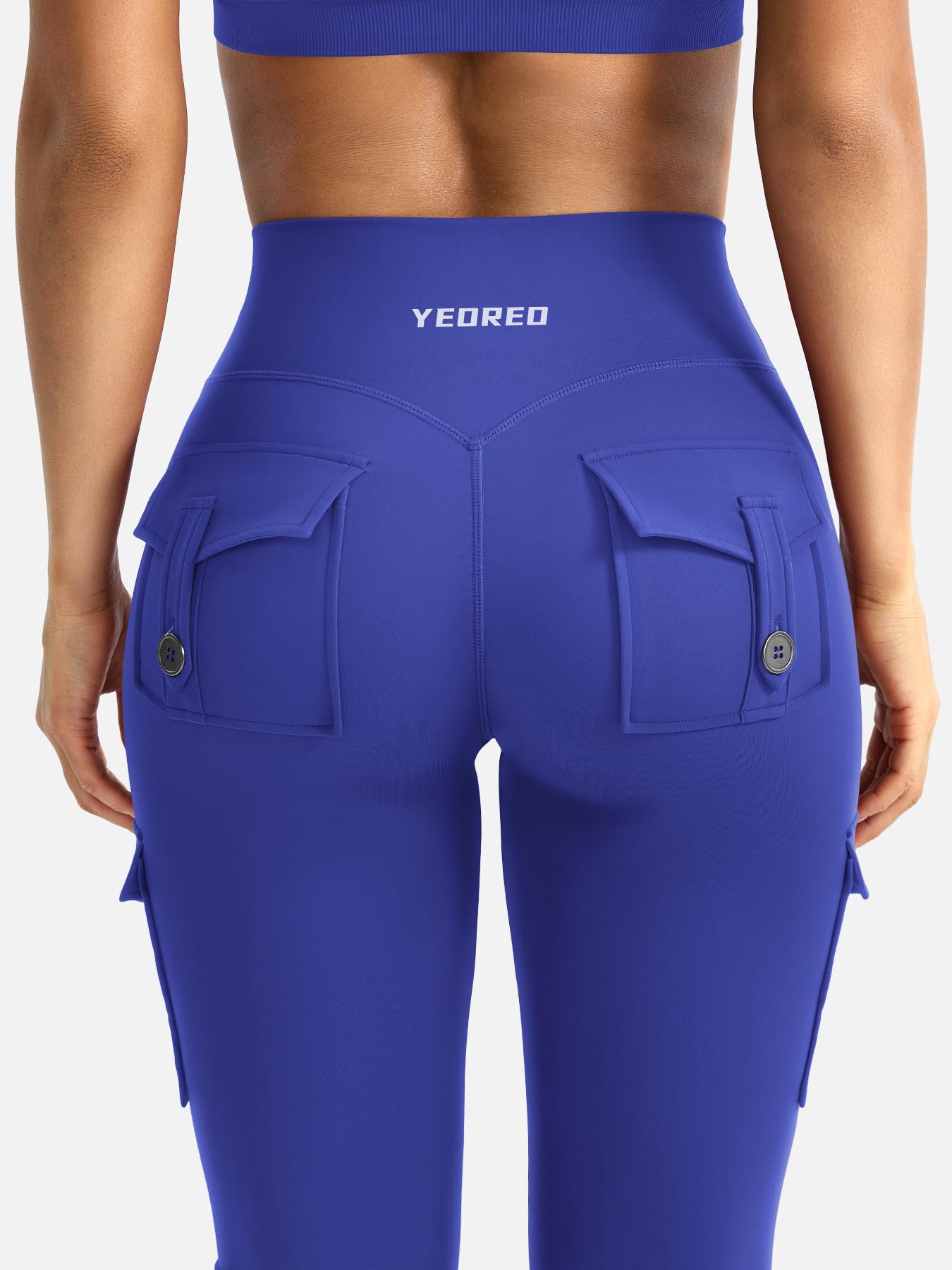 YEOREO CoreFlex Women Workout Flare Leggings with Pockets Hidden Scrunch High Waisted Cargo Gym Yoga No Front Seam Leggings 30" Inseam Dazzling Blue XXL