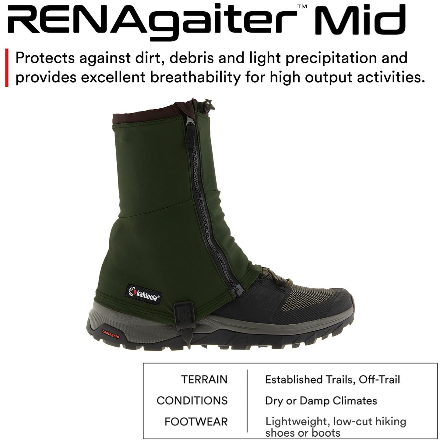 Kahtoola RENAgaiter Mid Gaiters for Hiking, Trail Running & Mud - Evergreen - X-Small