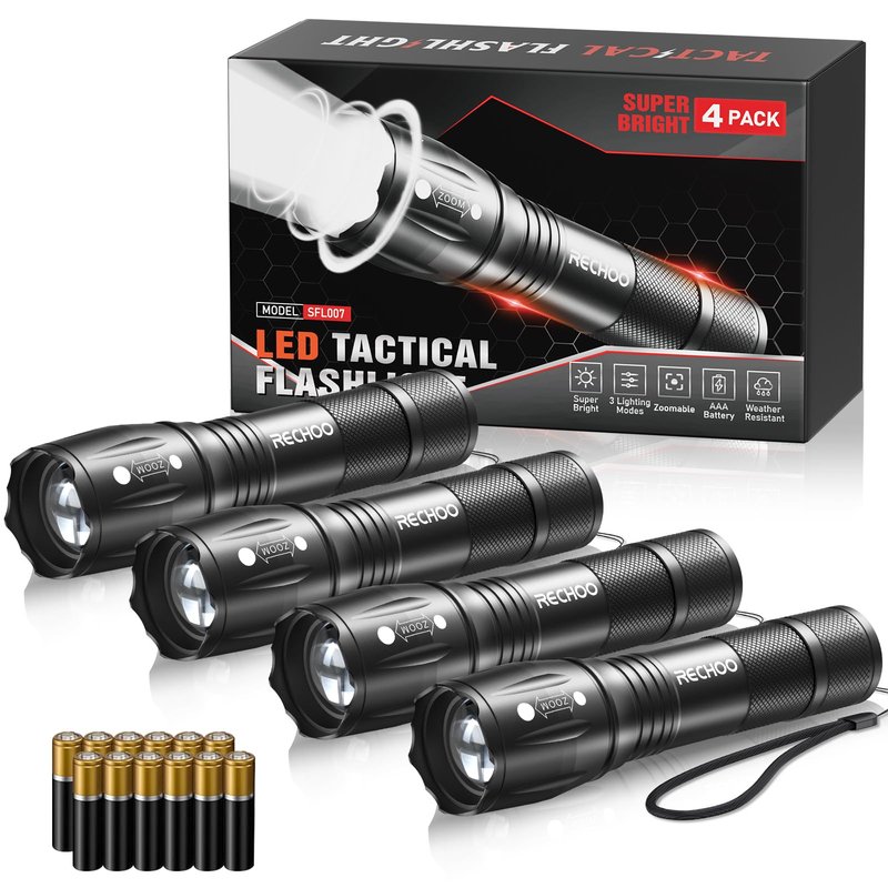 RECHOO 4Pack LED Flashlight, Bright Small Flashlights High Lumens with 3 Modes, Pocket Mini Flashlight Battery Powered, Flash Light Adjustable Focus, Waterproof Flashlights for Home Emergency Camping