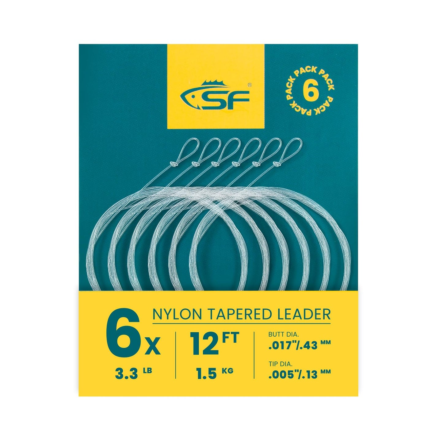 SF 6PCS Pre Tied Loop Fly Tapered Leader Nylon Fly Fishing Trout Leader Line 12FT-6X
