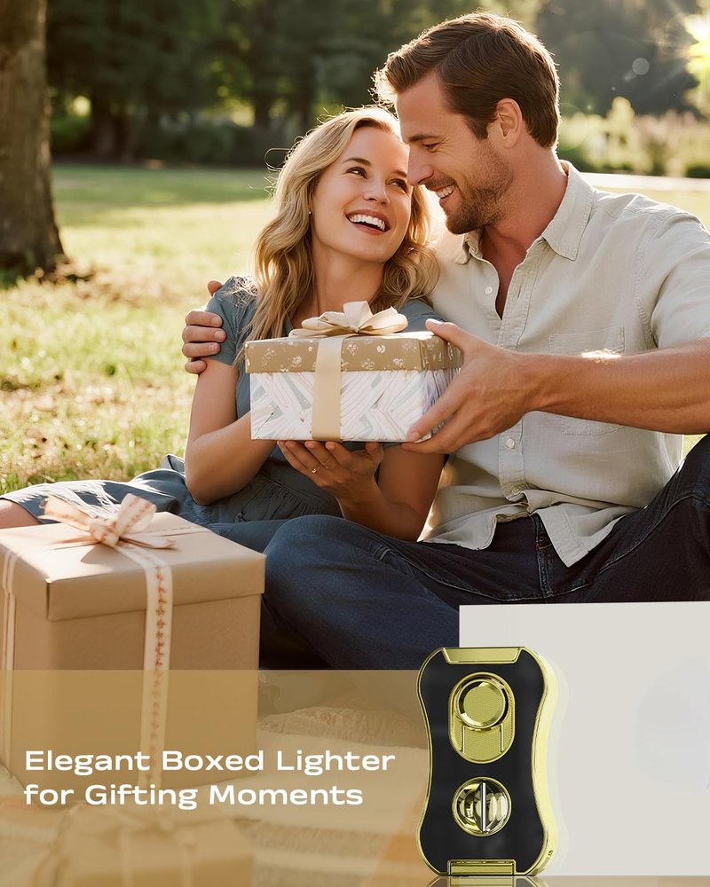 6-in-1 Quad Torch Lighter with Holder, V & Straight Cutter, Punch, Draw Enhancer Tool, Gifts for Men, Flame Adjustable, Refillable Butane Torch Lighter, Multi-use Accessories for Outdoors