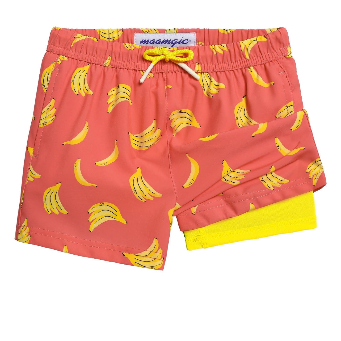 maamgic Boys Swim Trunks with Compression Liner Toddler Stretch Swim Shorts Quick Dry Swimming Trunks Boxer Brief 2 in 1 Beach Shorts Orange Banana 10/12