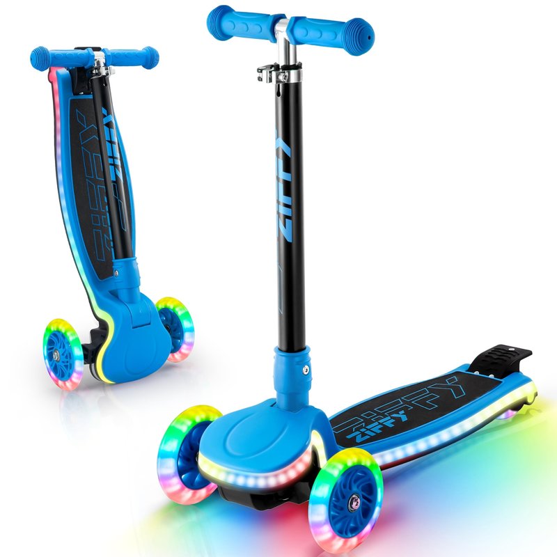 JOVA ZIFFY Kids Scooter for Boys & Girls Features LED Light-Up Wheels, 4 Adjustable Height Handlebars, and Lean-to-Steer Design with Anti-Slip Wide Surface for Stability - Up to 110LBS(Blue)