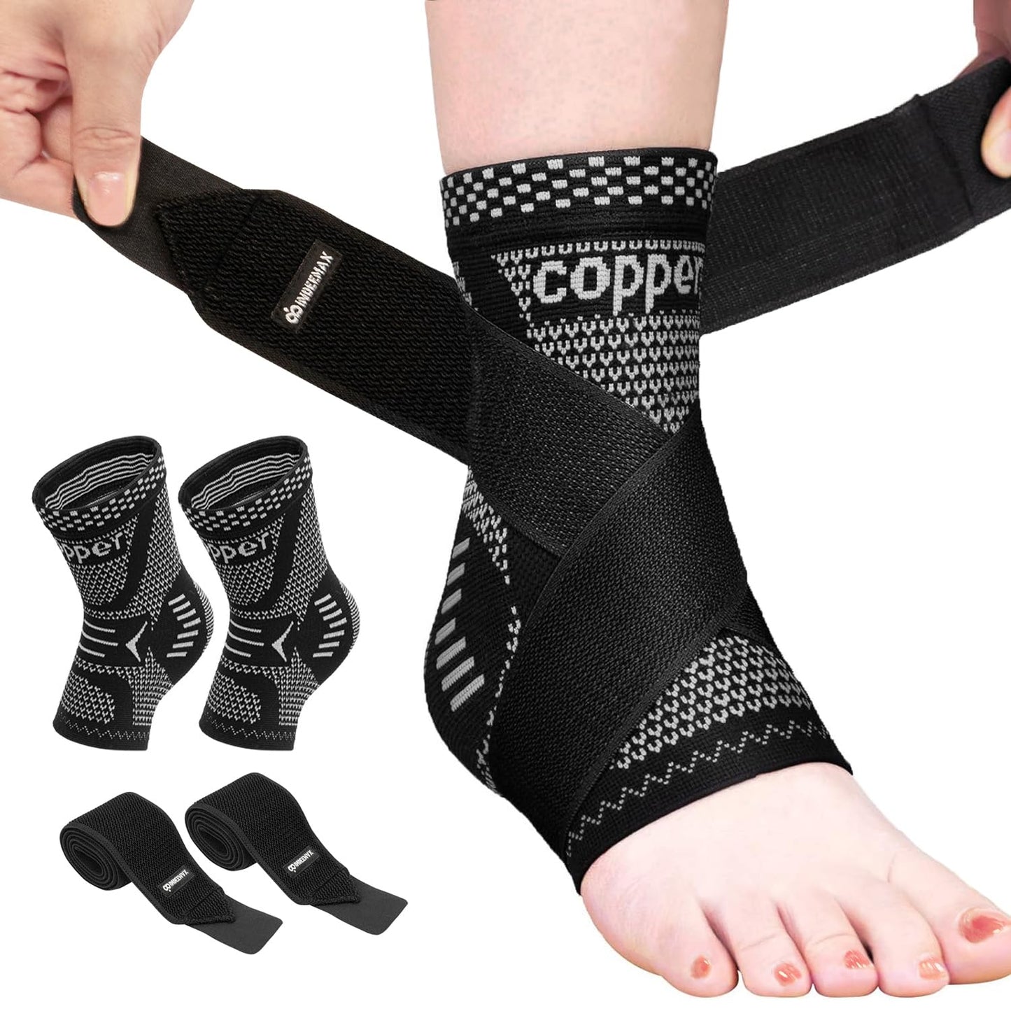 INDEEMAX Ankle Brace for Women & Men, Ankle Compression Sleeve Support Copper Infused Ankle Brace for Sprained Ankle, Plantar Fasciitis Sports, Achilles Tendonitis Pain Relief, Silver Black, M