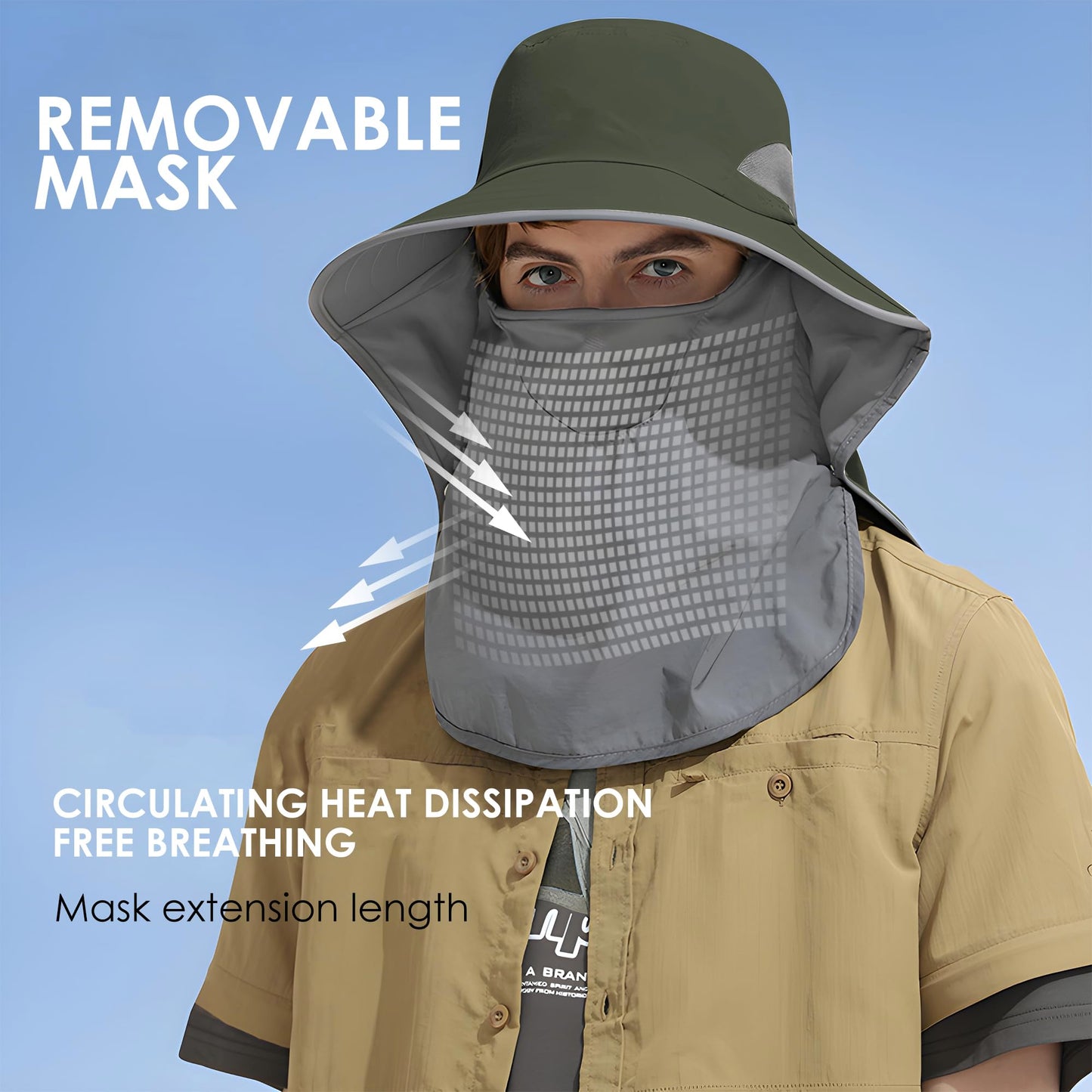 Outdoor Sun Hat Detachable Neck Face Flap UPF 50+UV Protection Visor Fishing Hats with Neck Flap for Men & Women Green