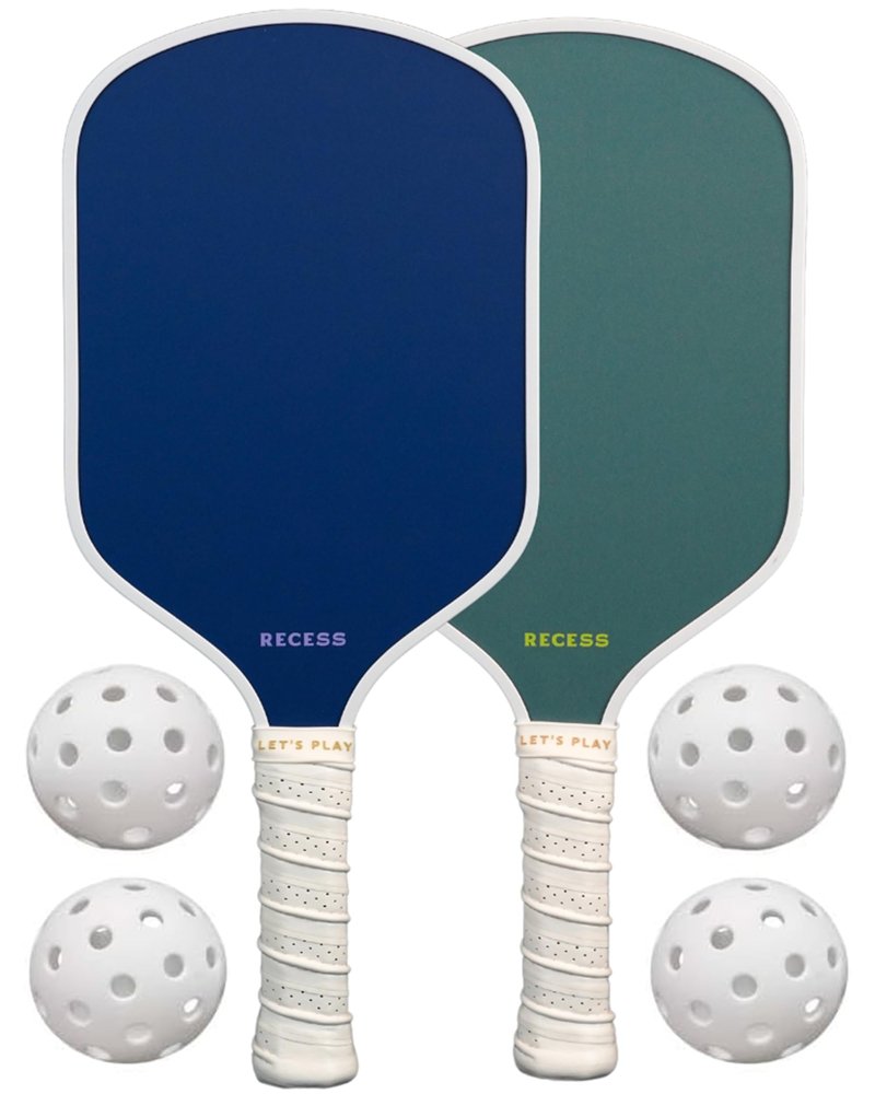 Recess Pickleball Starter Set, Premium Pickleball Paddles Set of 2 & Four (4) Pickle Balls - Strong & Durable Fiberglass, Lightweight, Honeycomb Core & Comfort Grip Handles - Perfect for Beginners