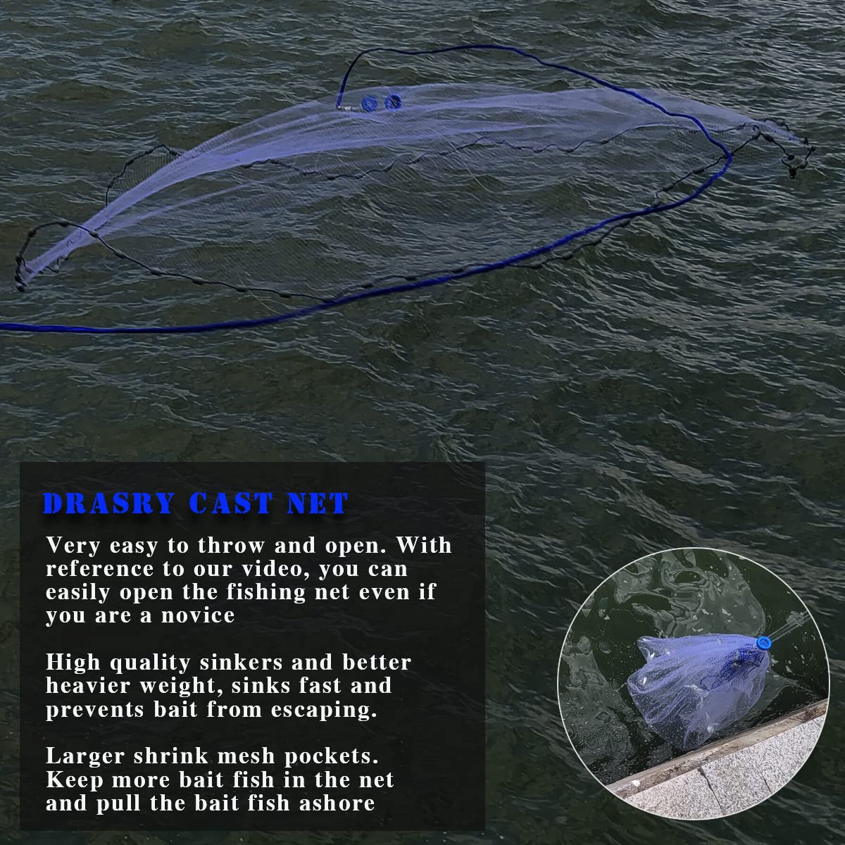 Drasry Saltwater Fishing Cast Net 3/8 and 1/4 Mesh with Heavy Duty Gray Sinker American Monofilament Fish Throw Net for Bait Trap 3FT 4FT 5FT 6FT 7FT 8FT 9FT 10FT Radius 3/8, 10FT Radius, 300