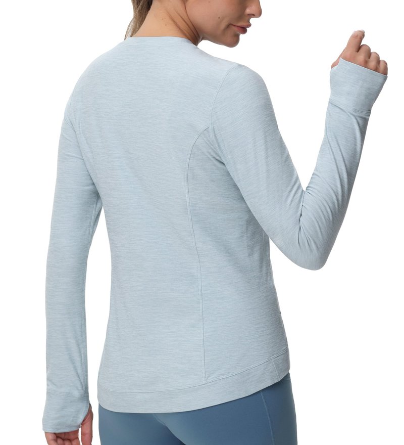 Women's Long Sleeve Compression Shirts Workout Tops Cross Hem Athletic Running Yoga T-Shirts with Thumb Hole Light Blue Heather
