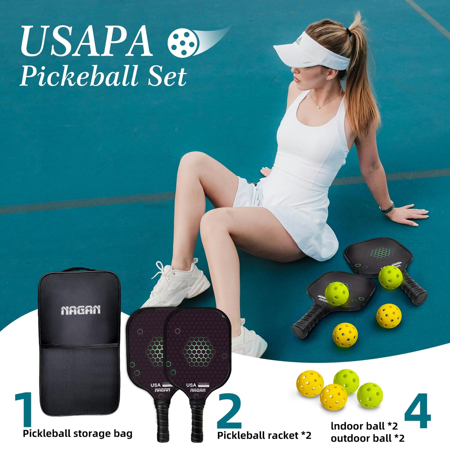 NAGAN Pickleball Paddles, USAPA Approved Durable Fiberglass Surface Pickleball Set with 4 Balls, 1 Bag for Men Women
