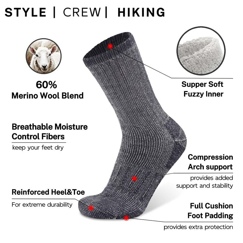 Busy Socks Mens Merino Wool Hiking Crew Athletic Socks Thermal Warm Padded Hiker Socks for Winter Outdoor Work Hiking Camping Walking, Large, 3 Pairs 3 Pairs Light Grey