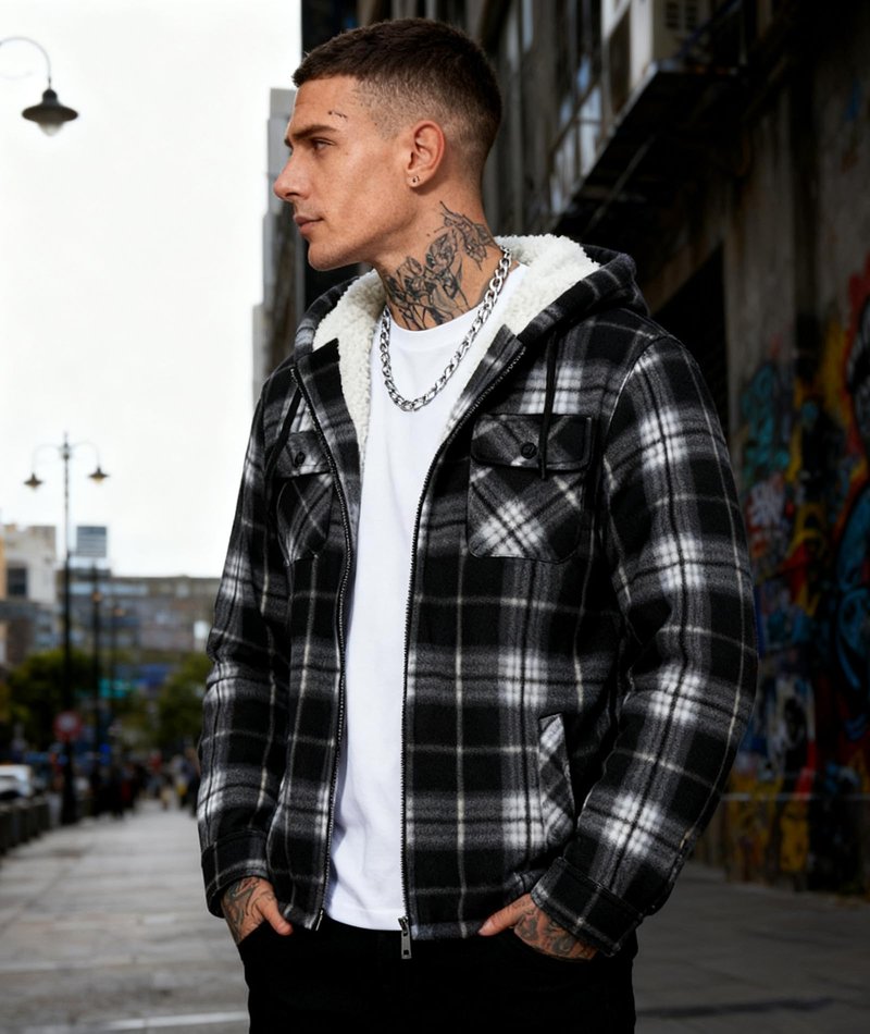 WENTTUO Winter Jacket for Men Fleece Plaid Hoodie Long Sleeve Winter Warm Coat
