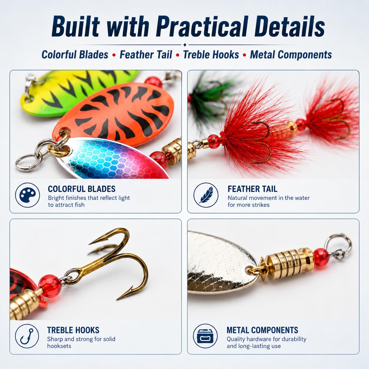 Fishing Spinner Lures Kit 15PCS, Inline Spinner Baits with Treble Hooks and Feather Tails, Rooster Tail Lures, Hard Metal Trout Spinners for Bass Crappie Panfish Freshwater