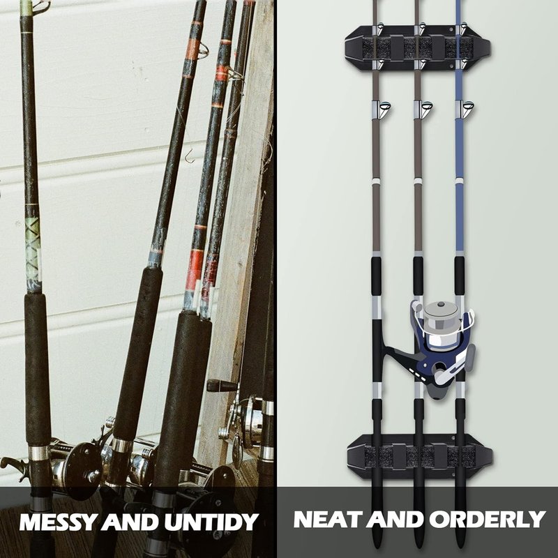 Fishing Rod Holder Wall Mount - 2 Pcs Black Horizontal Rack for Boats | Garage Storage Solution