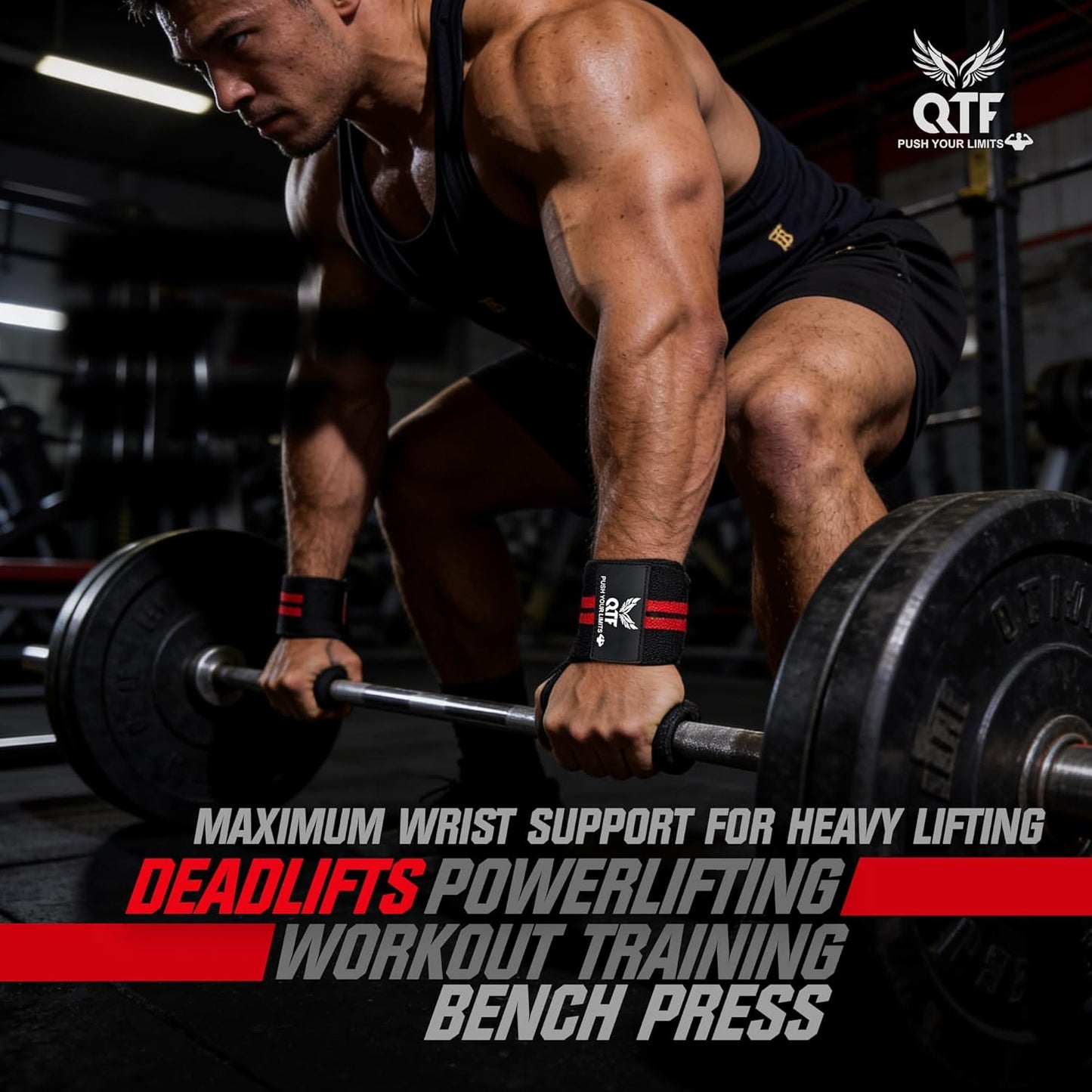 QTF Wrist Wraps for Weightlifting - Heavy-Duty 12" Support with Thumb Loop | Ideal for Strength Training & Bodybuilding