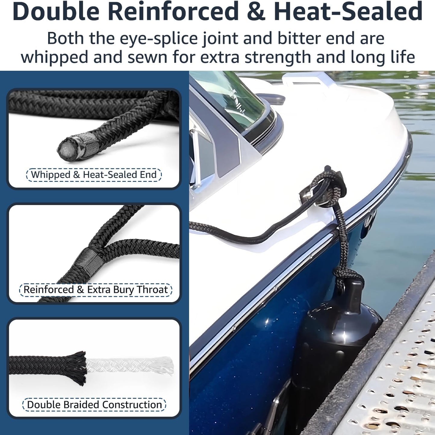 Boat Fender Lines - 2 Pack 5/8" x 10' Marine Grade Nylon Rope with 12" Loop | Double Braided, High Strength, Fray Resistant - Black