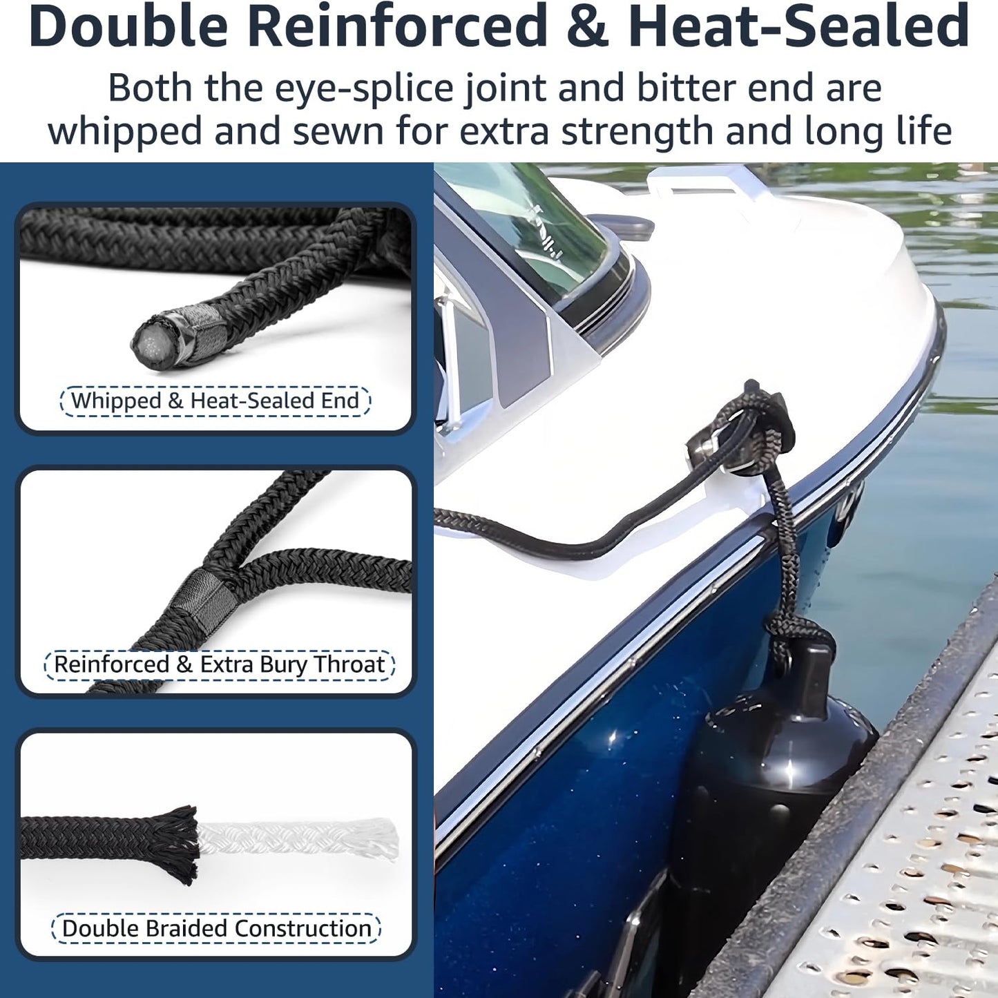 PACTHSD 1/2" x 8' Boat Fender Lines (4-Pack) - Double Braided Nylon Dock Lines for Boats - Marine Grade Fender Ropes with 10" Eye Loop - Soft, Durable Boat Accessories for Pontoon and Small Boats
