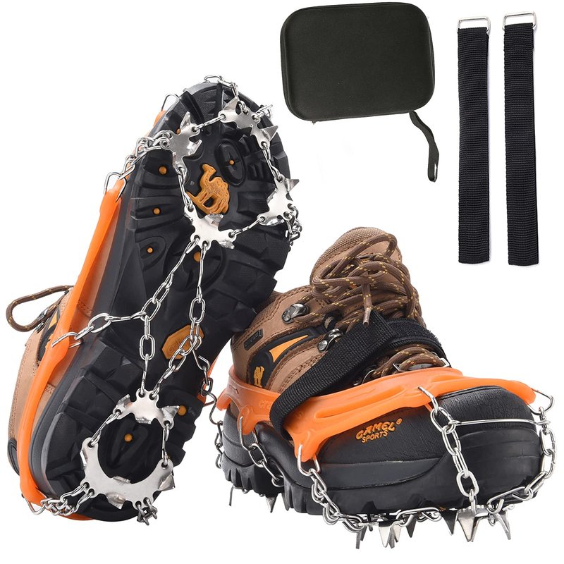 BenBoy Crampons Upgraded 19 Steel Spikes Stainless Anti Slip Ice Cleats Snow Grips Traction Safe Protect for Women Men Walking Climbing Hiking (Shoes/Boots),Dark Orange Large