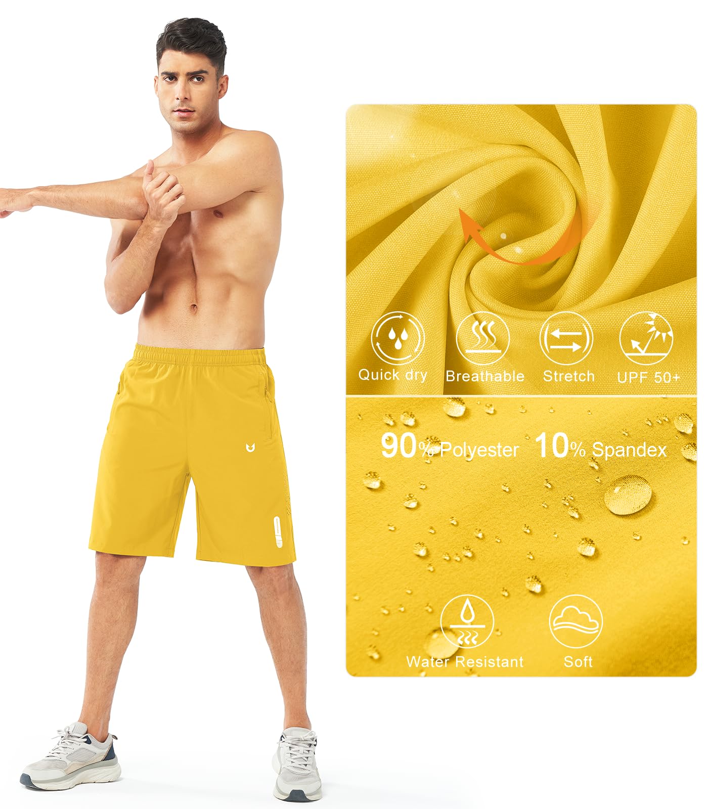 NORTHYARD Men's Athletic Running Shorts Gym Workout 7"/9"/5" Quick Dry Lightweight Sports Basketball Tennis 3 Zipper Pockets YELLOW-9inch 3XL