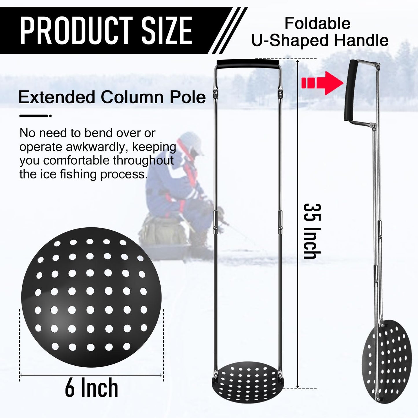 Jarquia Ice Fishing Gear Ice Skimmer for 6" Ice Augers Hole Cleaner,Foldable Ice Fishing Scoop with 35" Uprights,Aluminum Ice Fishing Accessories