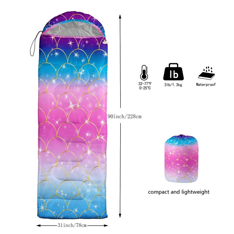 Axolotl Mermaid Scales Kids Girls Sleeping Bag - Lightweight Warm Cold Weather Hike Travel, Waterproof Portable Camping Outdoor Indoor Rainbow
