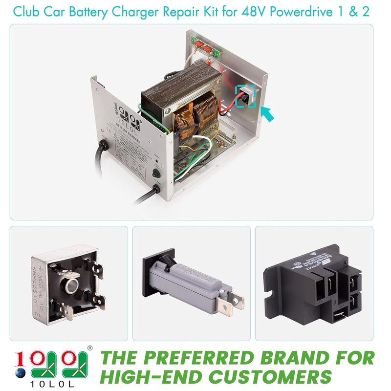 10L0L Golf Cart Battery Charger Repair Kit for Club Car 48V PowerDrive 2,OEM# 22110, Include 30A Relay, Diode Rectifier and Circuit Breaker