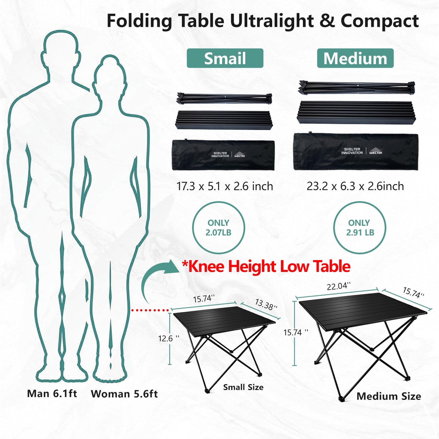 SHELTER Camping Side Table, Compact Folding Camp Table, Foldable Camping Tables with Carry Bag, Portable Aluminum Table for Hiking,Picnic,BBQ,Travel, Beach Table