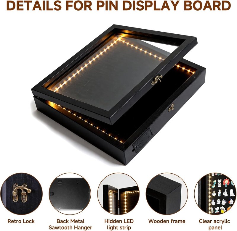 Light Up Pin Display Case - 12x16 Black Shadow Box Frame | Enamel Pin Holder for Wall or Tabletop