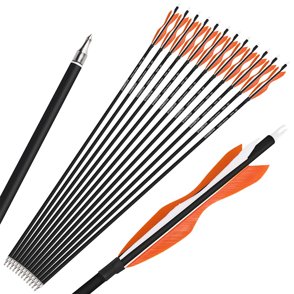 wolfman 31" Carbon Arrows Archery Hunting Arrows Targeting Practice Arrows with 5" Turkey Feathers Spine 500 for Recurve Bow and Compound Bow 6/12pcs (Orange, 12pcs)