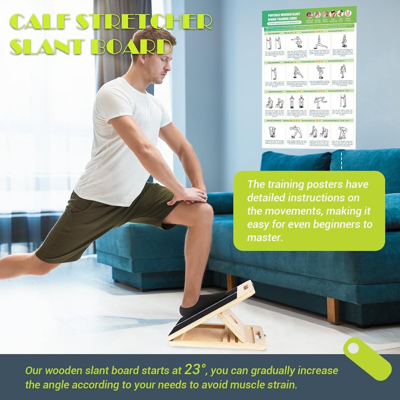 Calf Stretching Slant Board - Adjustable Wooden Incline Wedge with Training Poster | 300 Lbs Capacity