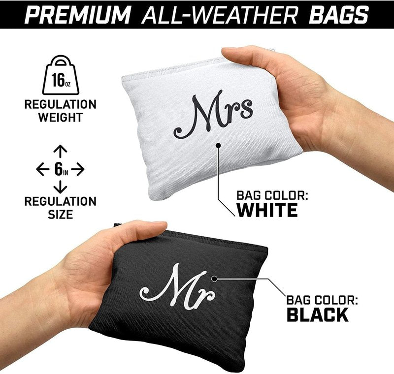 Wedding Cornhole Bag Set - 4 Black Mr Bags & 4 White Mrs Bags | Perfect for Wedding Games