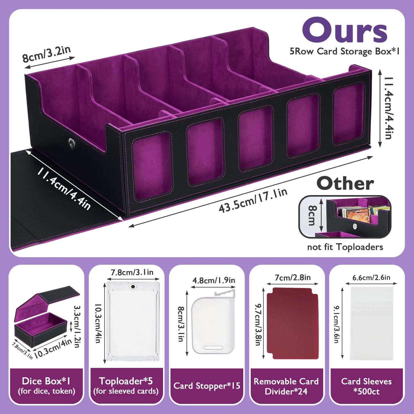 5-Row Trading Card Storage Box for Top Loaders, 3900+Card Deck Case with Portable Handle & Commander Display, 500 Sleeves, 5 Toploaders, 15 Stoppers, 24 Dividers, 1 Dice Tray, for MTG/TCG Magic Cards
