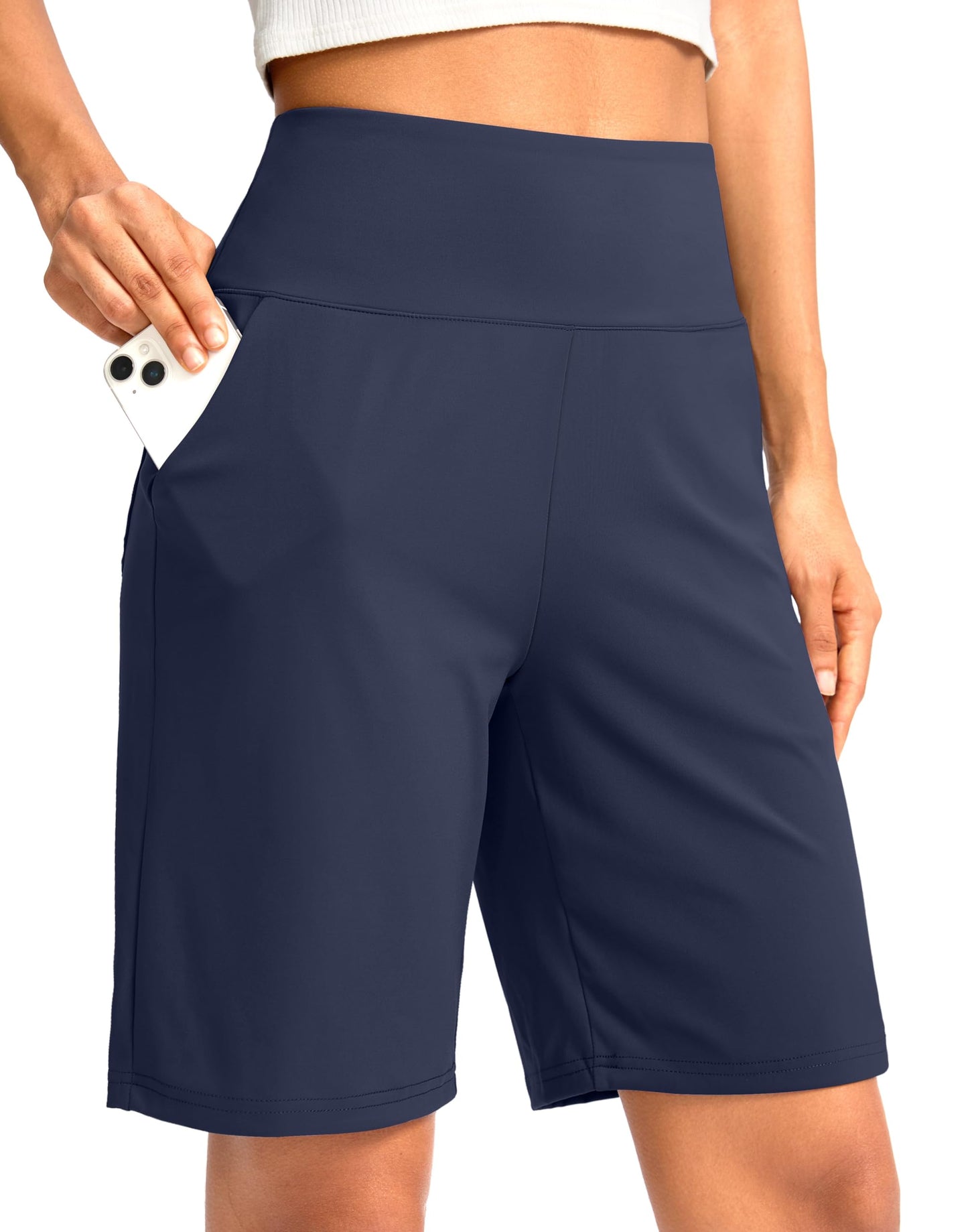 G Gradual Women's Bermuda Long Shorts with Pockets 9" High Waisted Knee Length Shorts for Women Walking Athletic Workout(Navy,XXL)