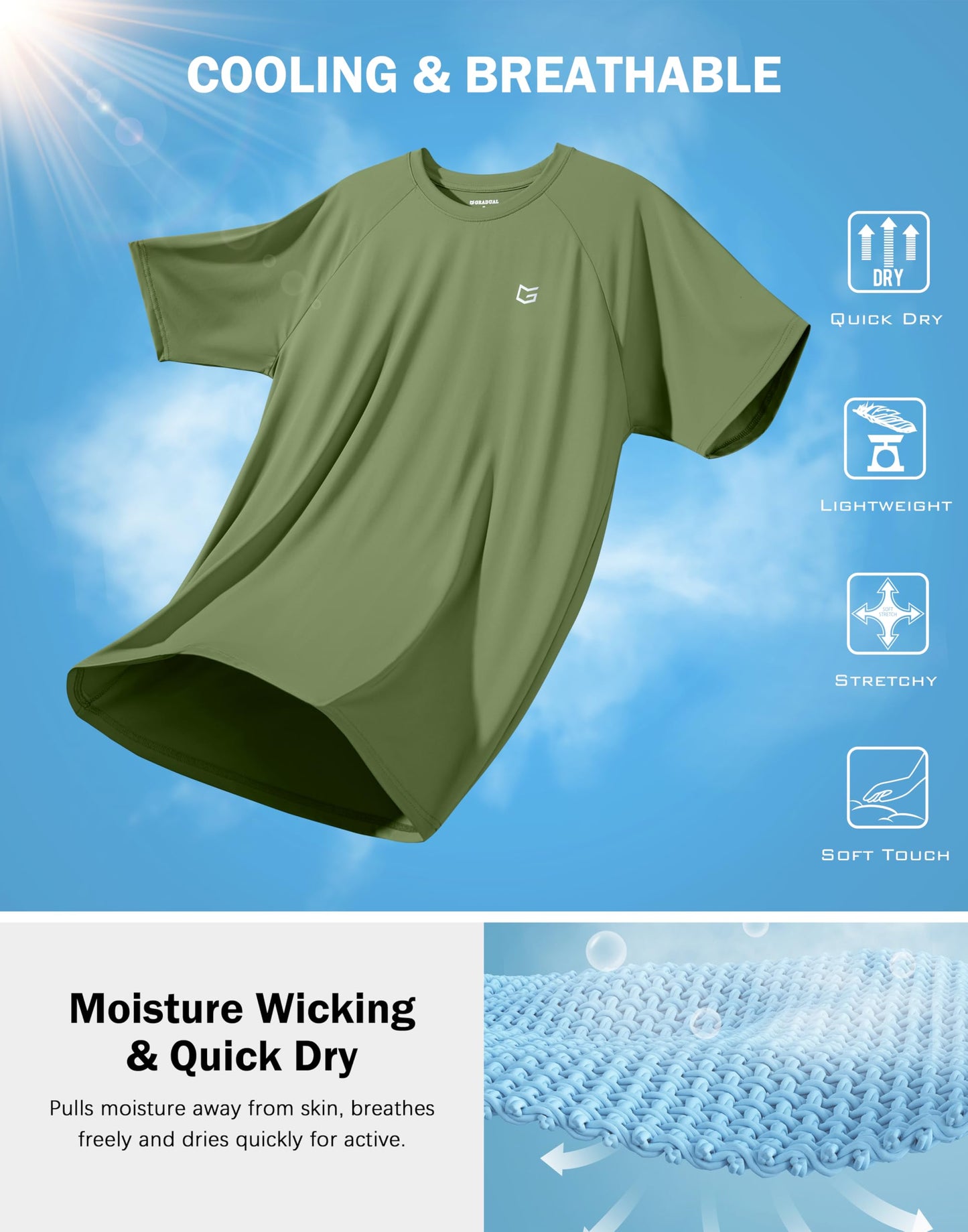 G Gradual Men's Athletic Workout T-Shirts Moisture Wicking Cooling Running Shirts Short Sleeve Performance Tee for Gym Tennis(Military Green,3XL)