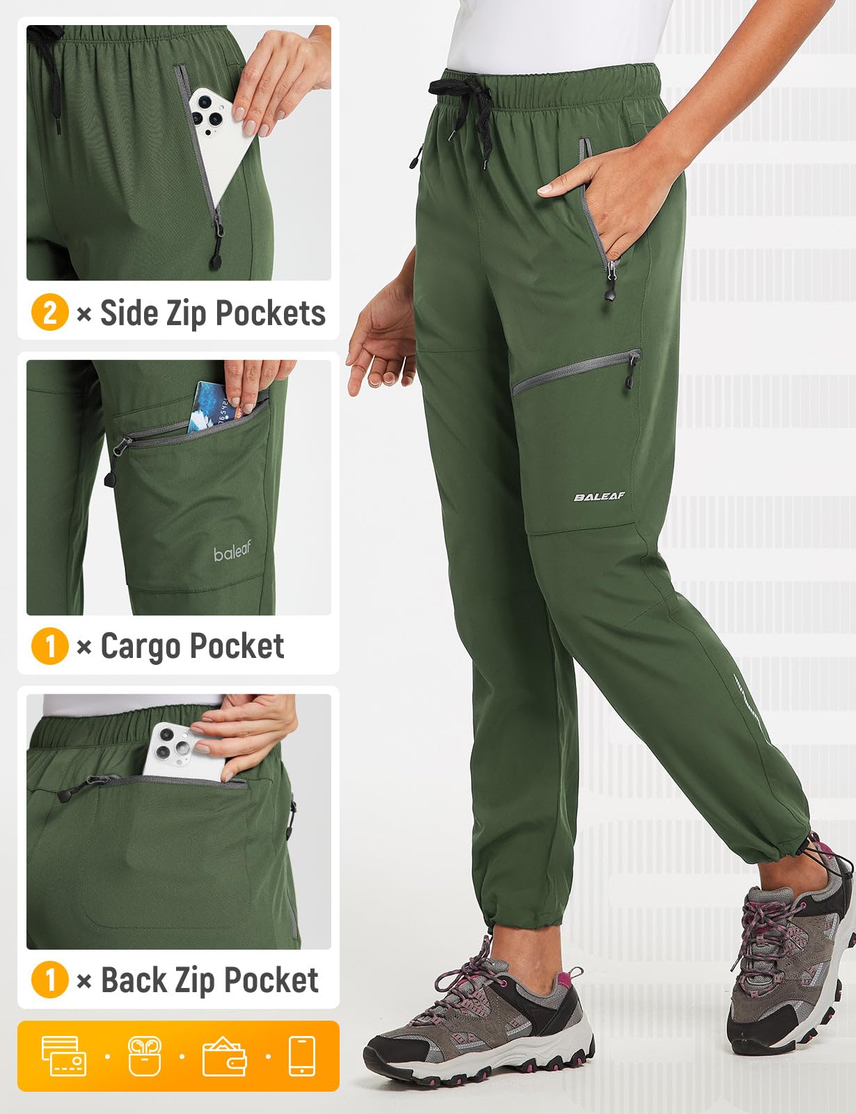 baleaf Women's Hiking Pants Quick Dry Water Resistant Lightweight Joggers Pant for All Seasons Elastic Waist Army Green Size L