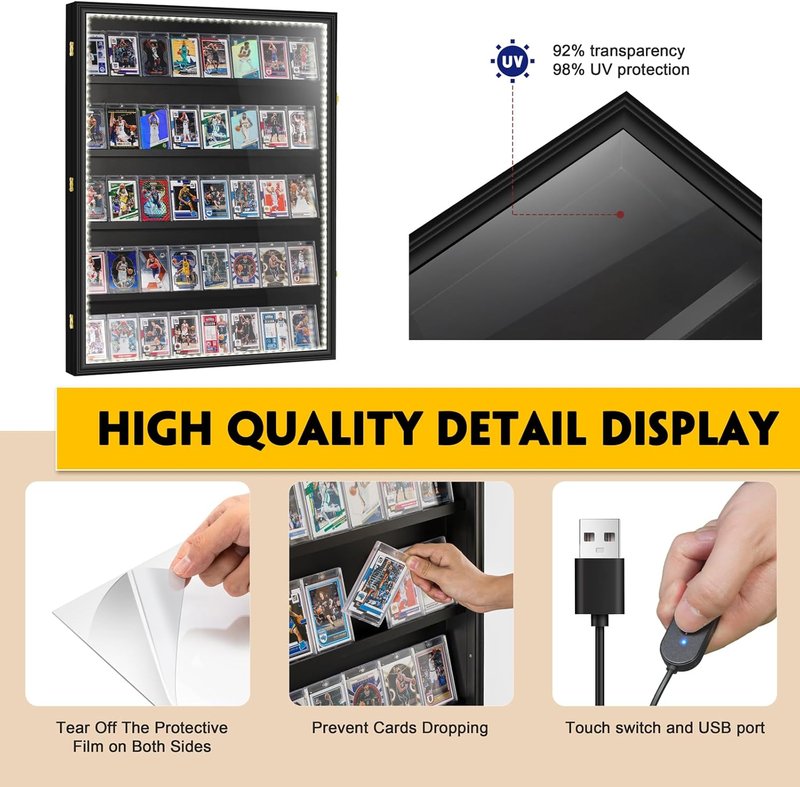 Baseball Card Display Case with LED Light - Large Wooden Cabinet for 40 Cards | Ideal for Sports Collectibles