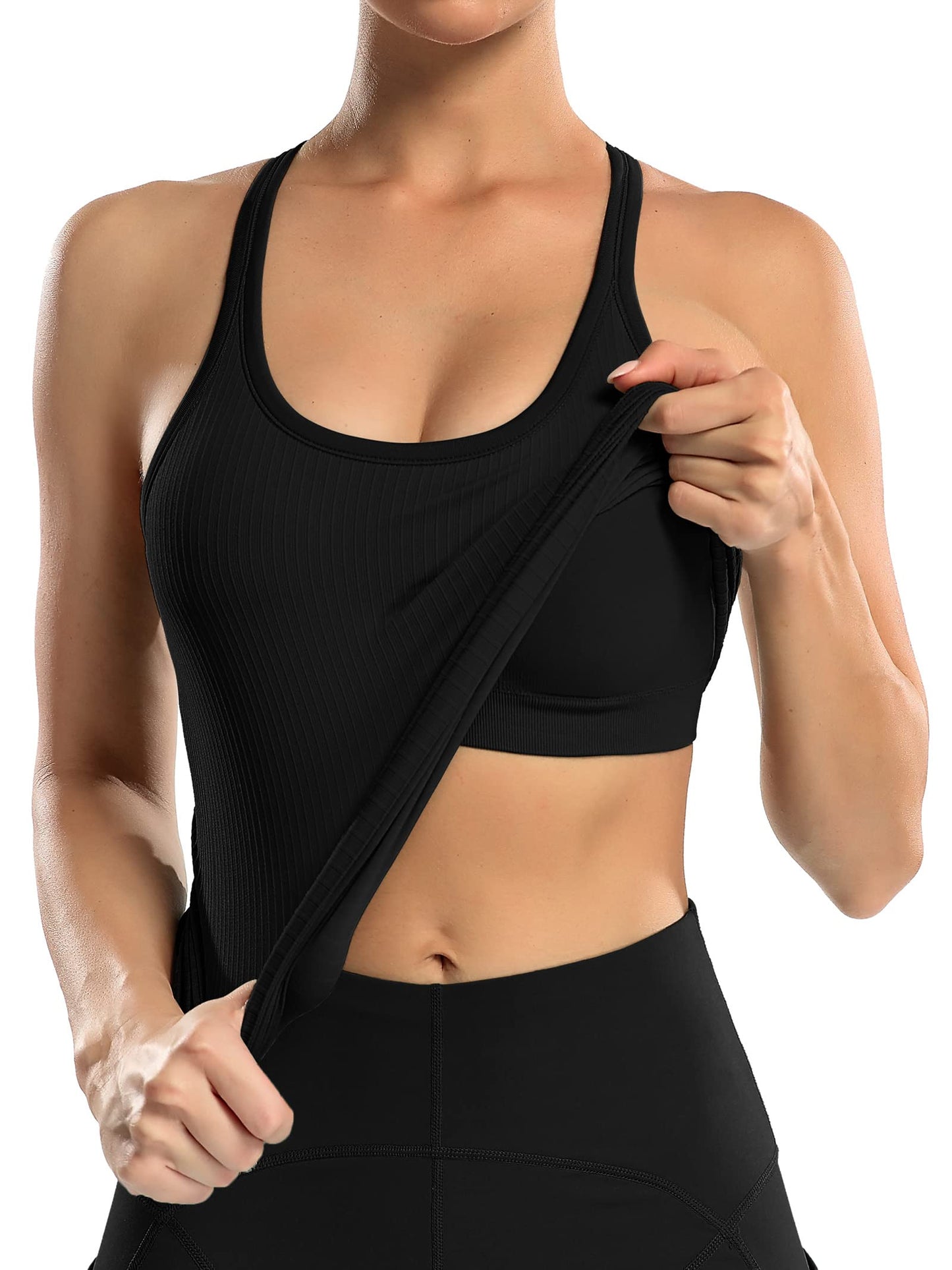 ATTRACO Womens Ribbed Workout Tank Tops Tight Fitted Seamless Racer Back Fitness Shirt Black