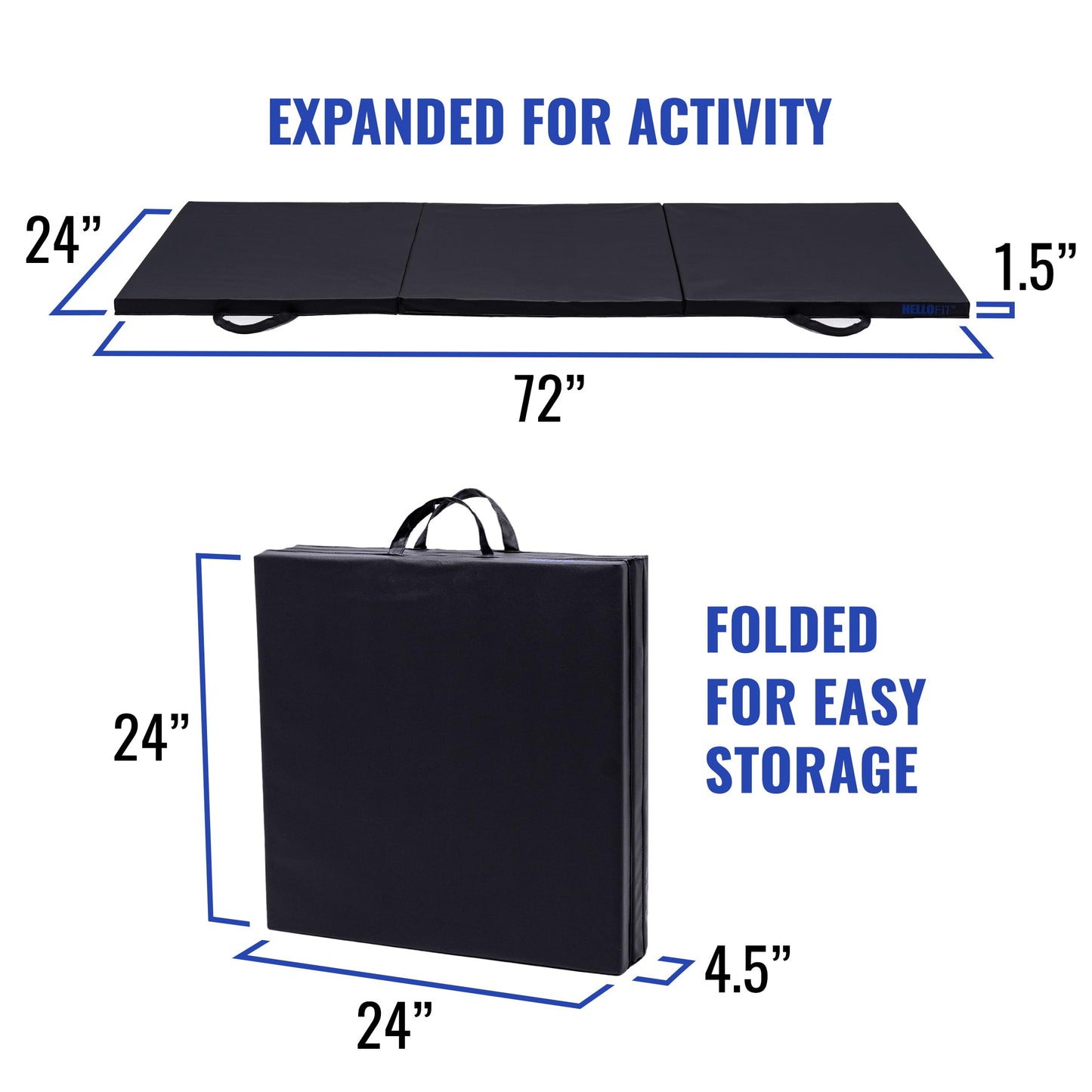 Hello Fit 2 Pack Folding Exercise Mat With Handles, 72"x24"x1.5", Black