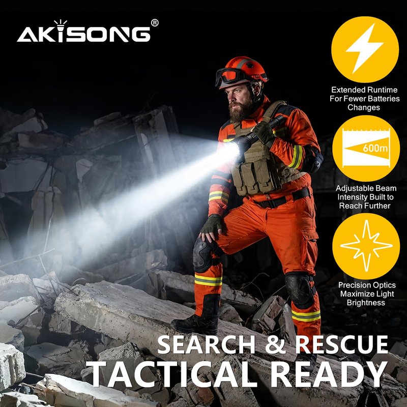 AKISONG X928 70W XHP360 LED Rechargeable Tactical Flashlight 10,000 High Lumen, 2,000ft Long Range Beam Zoomable Waterproof Flashlight with Safety Hammer & USB Output for Camping Hunting Patrol Search