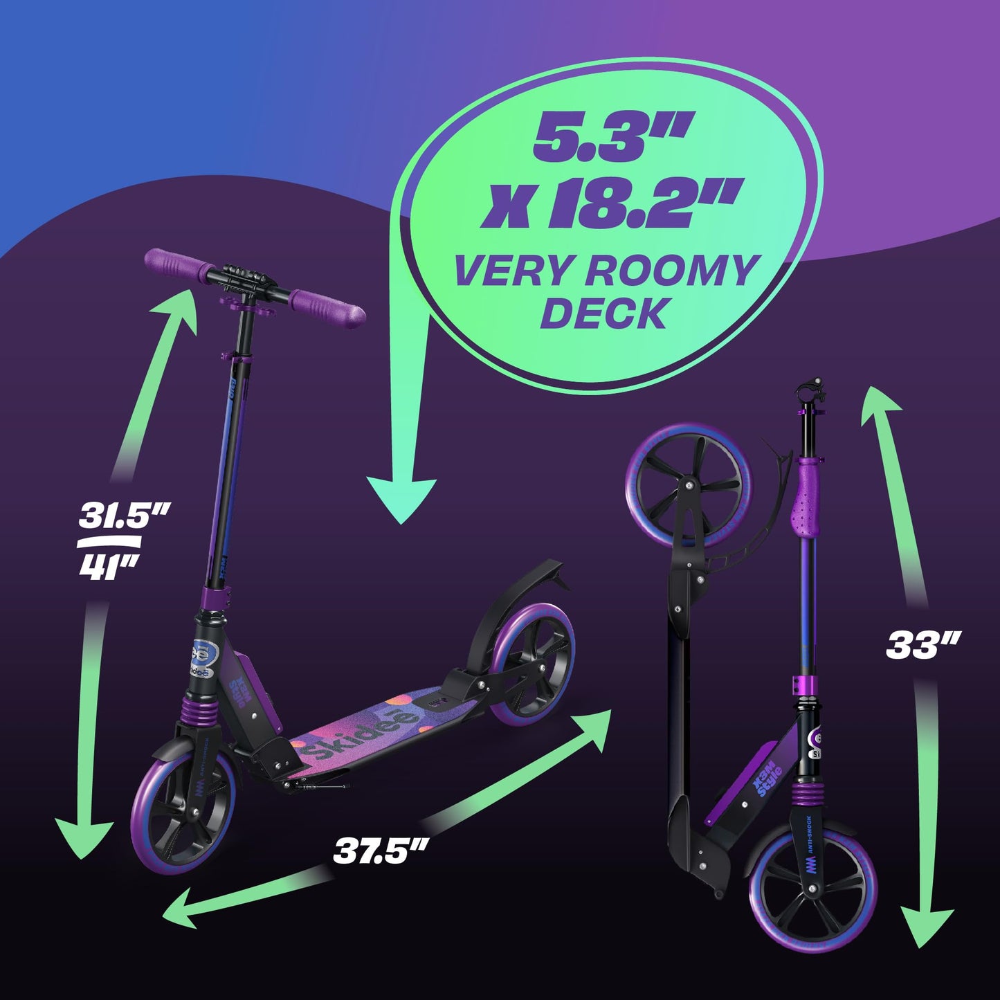 Skidee Kick Scooter for Kids Ages 6+ - Adjustable Handlebar Up to 41" High, Large Wheels, Anti-Shock Suspension - Foldable, Lightweight Scooters for Kids, Teens & Adults, Max Load 220 Lbs